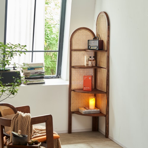 BohoBoho Tranquilo Solid Wood Rattan Corner Shelf Cherry